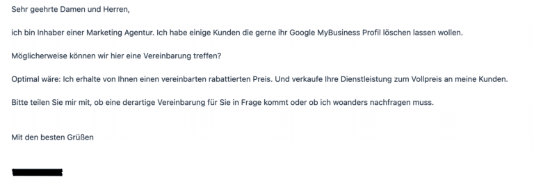 Unsere Marketingagentur bietet Ihnen eine vorteilhafte Kooperation: Lassen Sie uns Ihr Google MyBusiness-Profil löschen und profitieren Sie von einem provisionsbasierten Modell. Gemeinsam maximieren wir Ihren Geschäftserfolg effizient und professionell.