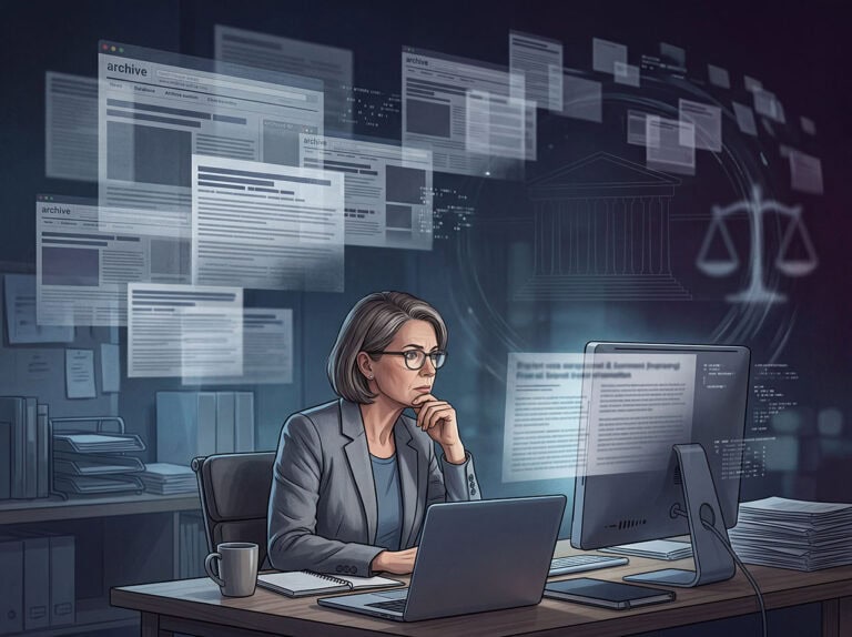 Eine verantwortliche Frau im Büro prüft digitale juristische Dokumente am Computer, während im Hintergrund schwebende Dokumentfenster, Social Media Icons und Rechtssymbole zu sehen sind.