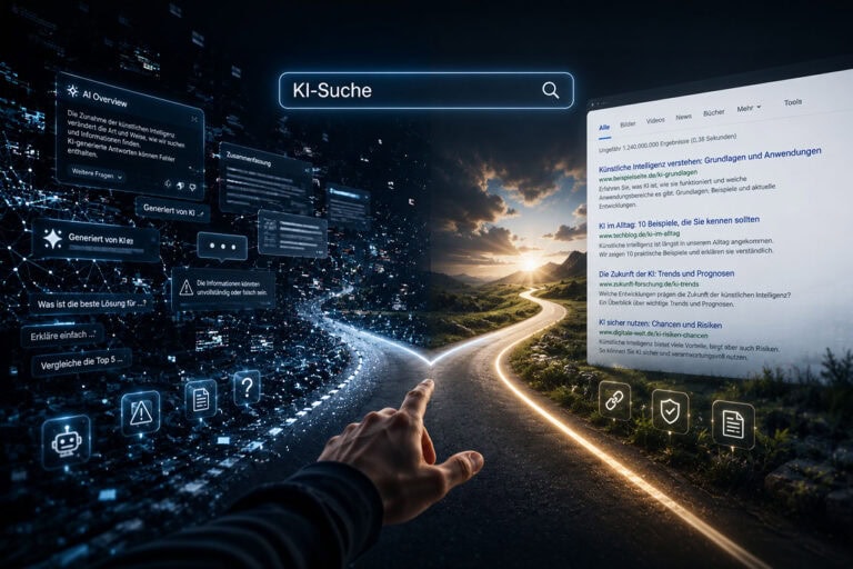 Die Hand eines Nutzers zeigt auf eine digitale Schnittstelle, auf der eine KI-Suche-Leiste und Suchergebnisse angezeigt werden, die sich vor einer geteilten Straße mit futuristischen virtuellen Symbolen befinden.
